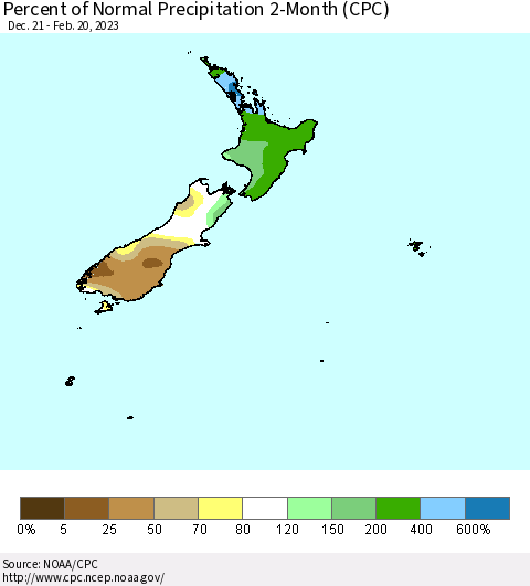 New Zealand Percent of Normal Precipitation 2-Month (CPC) Thematic Map For 12/21/2022 - 2/20/2023