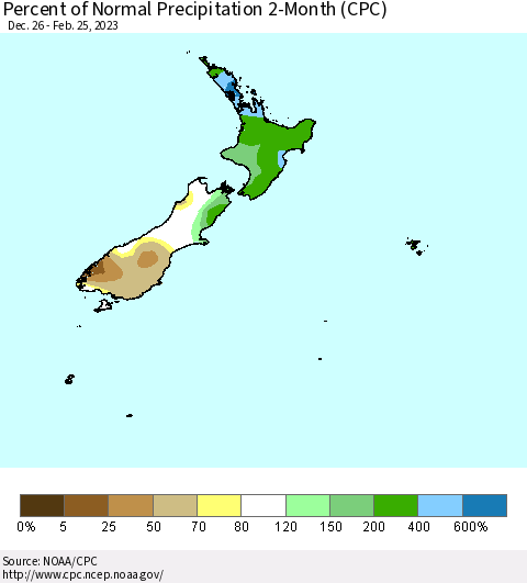 New Zealand Percent of Normal Precipitation 2-Month (CPC) Thematic Map For 12/26/2022 - 2/25/2023
