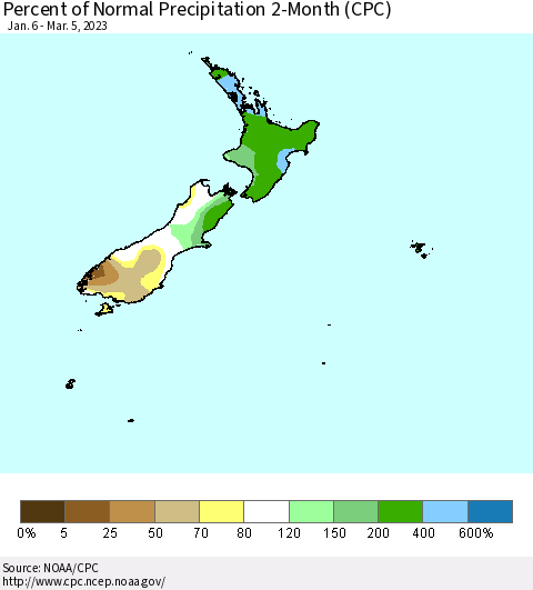 New Zealand Percent of Normal Precipitation 2-Month (CPC) Thematic Map For 1/6/2023 - 3/5/2023