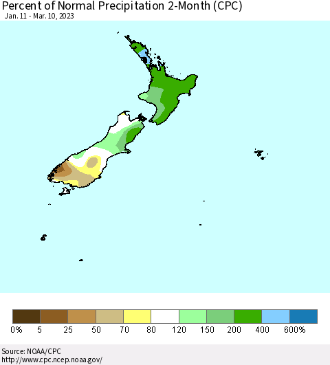 New Zealand Percent of Normal Precipitation 2-Month (CPC) Thematic Map For 1/11/2023 - 3/10/2023