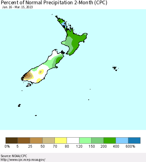 New Zealand Percent of Normal Precipitation 2-Month (CPC) Thematic Map For 1/16/2023 - 3/15/2023