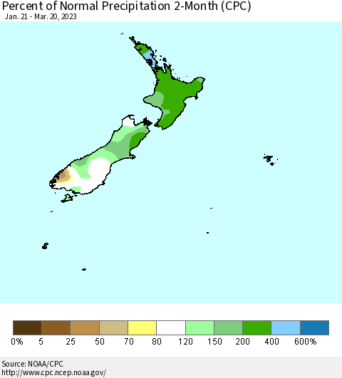 New Zealand Percent of Normal Precipitation 2-Month (CPC) Thematic Map For 1/21/2023 - 3/20/2023