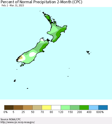 New Zealand Percent of Normal Precipitation 2-Month (CPC) Thematic Map For 2/1/2023 - 3/31/2023