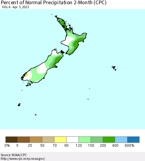 New Zealand Percent of Normal Precipitation 2-Month (CPC) Thematic Map For 2/6/2023 - 4/5/2023