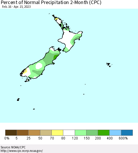 New Zealand Percent of Normal Precipitation 2-Month (CPC) Thematic Map For 2/16/2023 - 4/15/2023