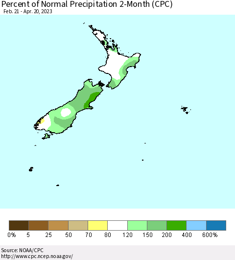 New Zealand Percent of Normal Precipitation 2-Month (CPC) Thematic Map For 2/21/2023 - 4/20/2023