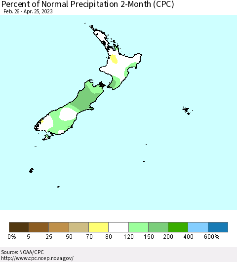 New Zealand Percent of Normal Precipitation 2-Month (CPC) Thematic Map For 2/26/2023 - 4/25/2023