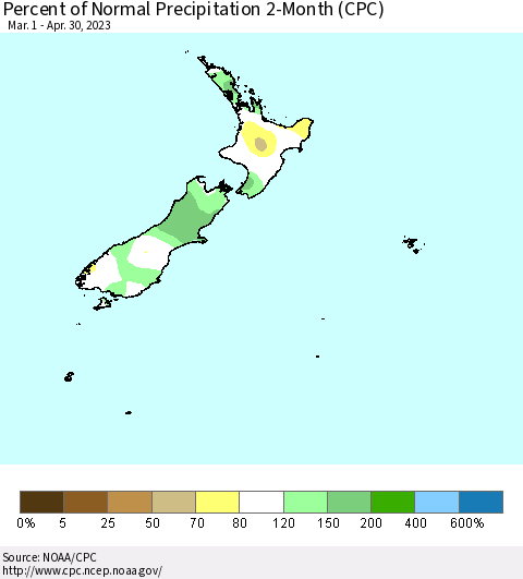 New Zealand Percent of Normal Precipitation 2-Month (CPC) Thematic Map For 3/1/2023 - 4/30/2023