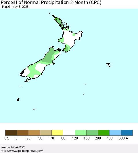 New Zealand Percent of Normal Precipitation 2-Month (CPC) Thematic Map For 3/6/2023 - 5/5/2023