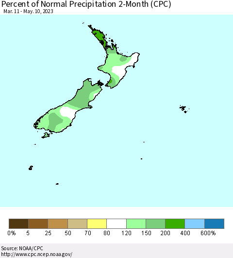 New Zealand Percent of Normal Precipitation 2-Month (CPC) Thematic Map For 3/11/2023 - 5/10/2023