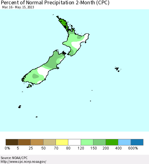 New Zealand Percent of Normal Precipitation 2-Month (CPC) Thematic Map For 3/16/2023 - 5/15/2023