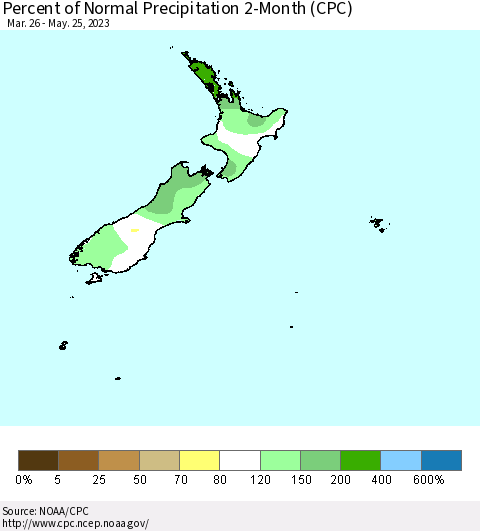 New Zealand Percent of Normal Precipitation 2-Month (CPC) Thematic Map For 3/26/2023 - 5/25/2023