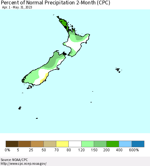 New Zealand Percent of Normal Precipitation 2-Month (CPC) Thematic Map For 4/1/2023 - 5/31/2023