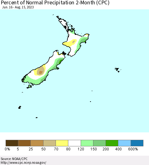New Zealand Percent of Normal Precipitation 2-Month (CPC) Thematic Map For 6/16/2023 - 8/15/2023