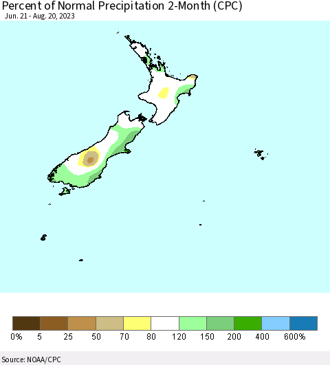 New Zealand Percent of Normal Precipitation 2-Month (CPC) Thematic Map For 6/21/2023 - 8/20/2023