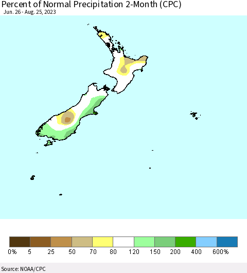 New Zealand Percent of Normal Precipitation 2-Month (CPC) Thematic Map For 6/26/2023 - 8/25/2023
