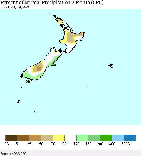 New Zealand Percent of Normal Precipitation 2-Month (CPC) Thematic Map For 7/1/2023 - 8/31/2023
