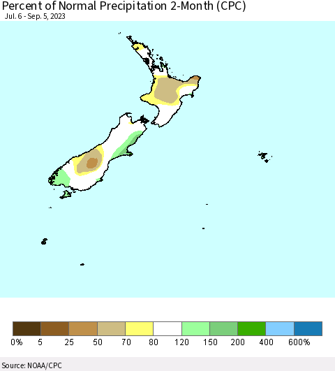 New Zealand Percent of Normal Precipitation 2-Month (CPC) Thematic Map For 7/6/2023 - 9/5/2023