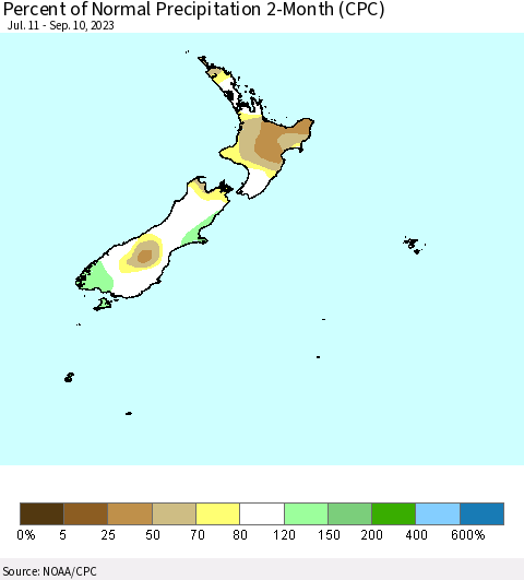 New Zealand Percent of Normal Precipitation 2-Month (CPC) Thematic Map For 7/11/2023 - 9/10/2023