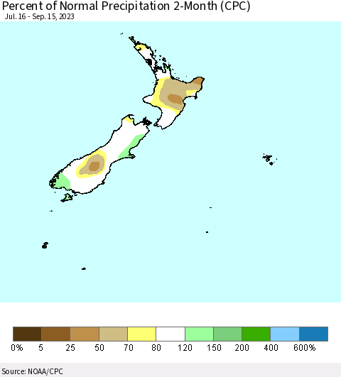 New Zealand Percent of Normal Precipitation 2-Month (CPC) Thematic Map For 7/16/2023 - 9/15/2023