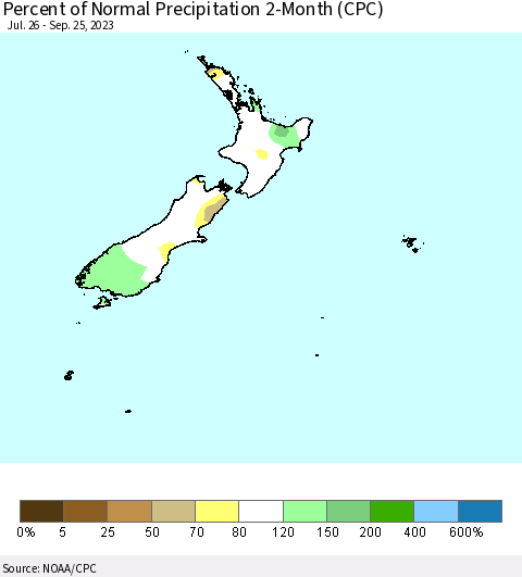 New Zealand Percent of Normal Precipitation 2-Month (CPC) Thematic Map For 7/26/2023 - 9/25/2023