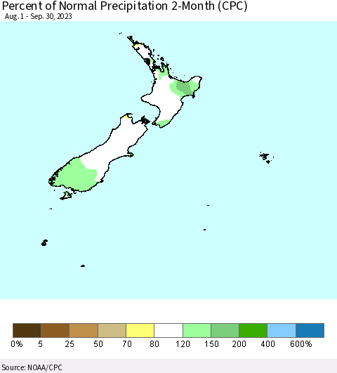 New Zealand Percent of Normal Precipitation 2-Month (CPC) Thematic Map For 8/1/2023 - 9/30/2023