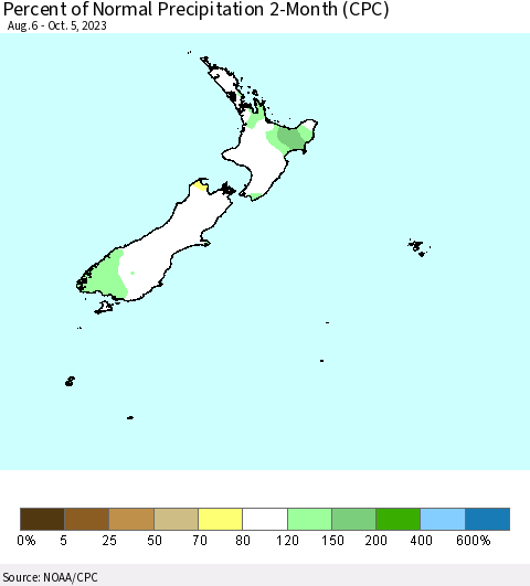 New Zealand Percent of Normal Precipitation 2-Month (CPC) Thematic Map For 8/6/2023 - 10/5/2023