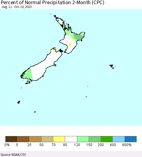 New Zealand Percent of Normal Precipitation 2-Month (CPC) Thematic Map For 8/11/2023 - 10/10/2023