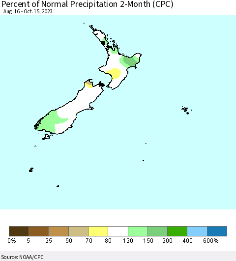 New Zealand Percent of Normal Precipitation 2-Month (CPC) Thematic Map For 8/16/2023 - 10/15/2023