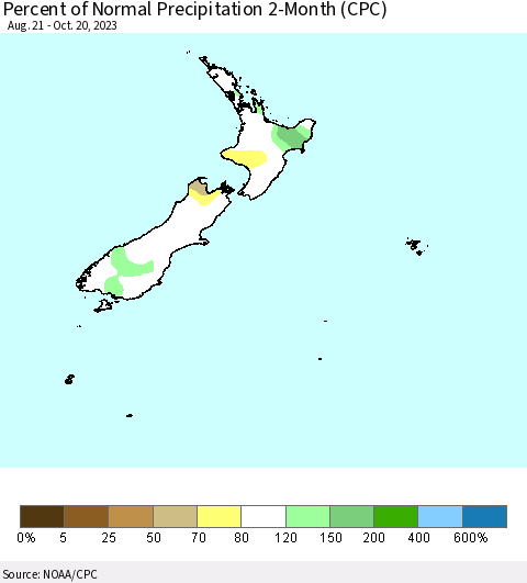 New Zealand Percent of Normal Precipitation 2-Month (CPC) Thematic Map For 8/21/2023 - 10/20/2023