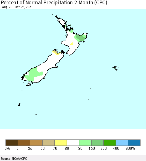 New Zealand Percent of Normal Precipitation 2-Month (CPC) Thematic Map For 8/26/2023 - 10/25/2023