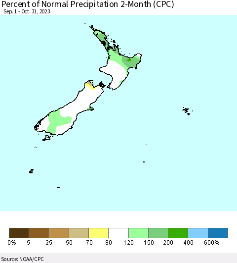 New Zealand Percent of Normal Precipitation 2-Month (CPC) Thematic Map For 9/1/2023 - 10/31/2023