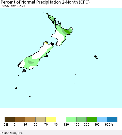 New Zealand Percent of Normal Precipitation 2-Month (CPC) Thematic Map For 9/6/2023 - 11/5/2023
