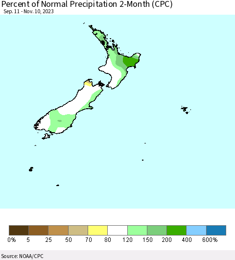 New Zealand Percent of Normal Precipitation 2-Month (CPC) Thematic Map For 9/11/2023 - 11/10/2023