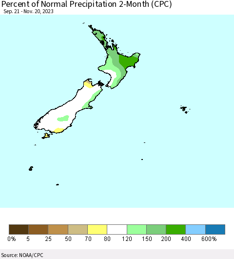 New Zealand Percent of Normal Precipitation 2-Month (CPC) Thematic Map For 9/21/2023 - 11/20/2023