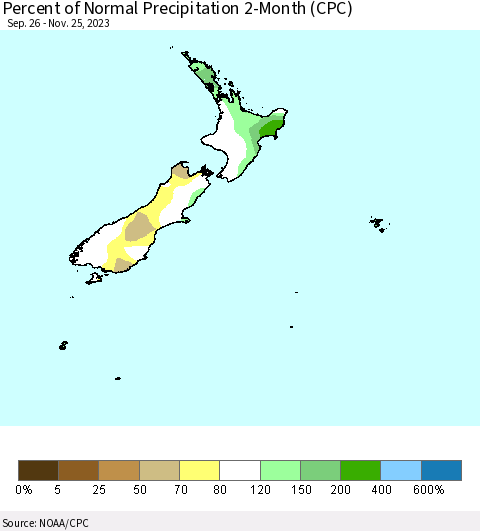 New Zealand Percent of Normal Precipitation 2-Month (CPC) Thematic Map For 9/26/2023 - 11/25/2023