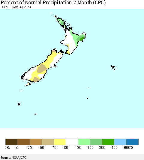 New Zealand Percent of Normal Precipitation 2-Month (CPC) Thematic Map For 10/1/2023 - 11/30/2023