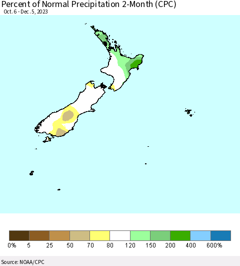 New Zealand Percent of Normal Precipitation 2-Month (CPC) Thematic Map For 10/6/2023 - 12/5/2023