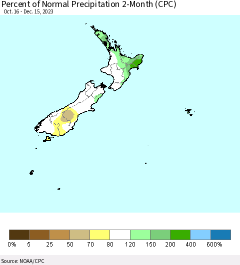 New Zealand Percent of Normal Precipitation 2-Month (CPC) Thematic Map For 10/16/2023 - 12/15/2023