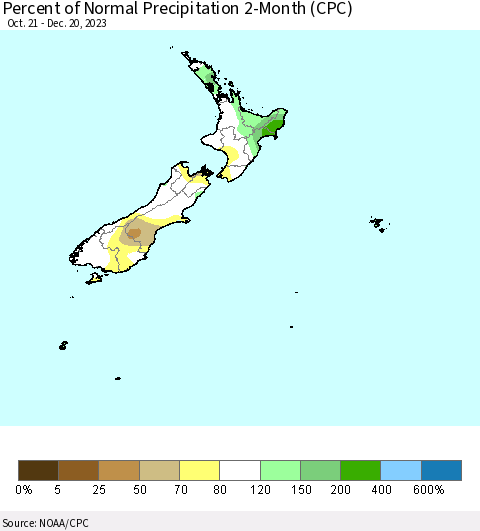 New Zealand Percent of Normal Precipitation 2-Month (CPC) Thematic Map For 10/21/2023 - 12/20/2023