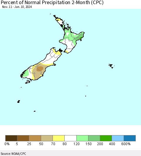 New Zealand Percent of Normal Precipitation 2-Month (CPC) Thematic Map For 11/11/2023 - 1/10/2024