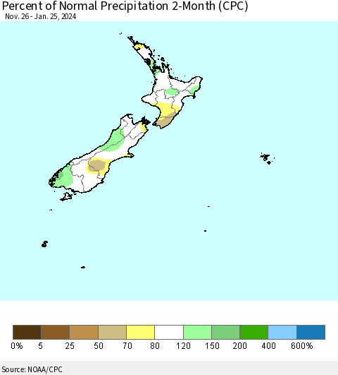 New Zealand Percent of Normal Precipitation 2-Month (CPC) Thematic Map For 11/26/2023 - 1/25/2024