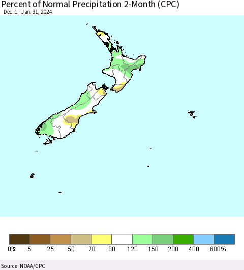 New Zealand Percent of Normal Precipitation 2-Month (CPC) Thematic Map For 12/1/2023 - 1/31/2024