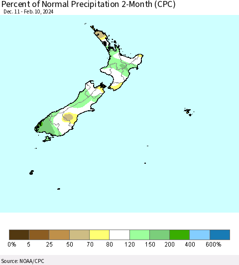 New Zealand Percent of Normal Precipitation 2-Month (CPC) Thematic Map For 12/11/2023 - 2/10/2024
