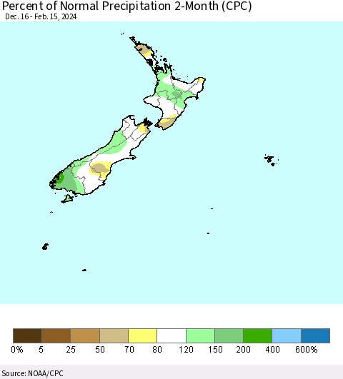 New Zealand Percent of Normal Precipitation 2-Month (CPC) Thematic Map For 12/16/2023 - 2/15/2024