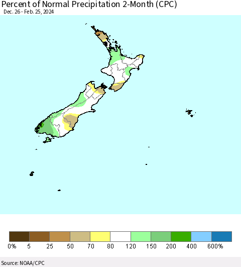 New Zealand Percent of Normal Precipitation 2-Month (CPC) Thematic Map For 12/26/2023 - 2/25/2024