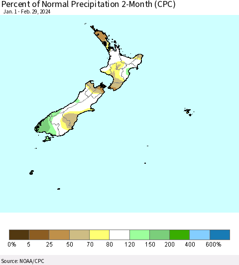 New Zealand Percent of Normal Precipitation 2-Month (CPC) Thematic Map For 1/1/2024 - 2/29/2024