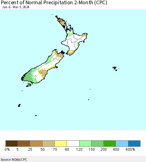 New Zealand Percent of Normal Precipitation 2-Month (CPC) Thematic Map For 1/6/2024 - 3/5/2024