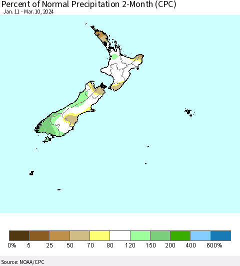 New Zealand Percent of Normal Precipitation 2-Month (CPC) Thematic Map For 1/11/2024 - 3/10/2024