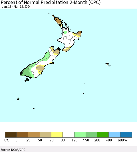 New Zealand Percent of Normal Precipitation 2-Month (CPC) Thematic Map For 1/16/2024 - 3/15/2024